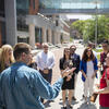 Group of people speaking in a circle on Liacouras Walk